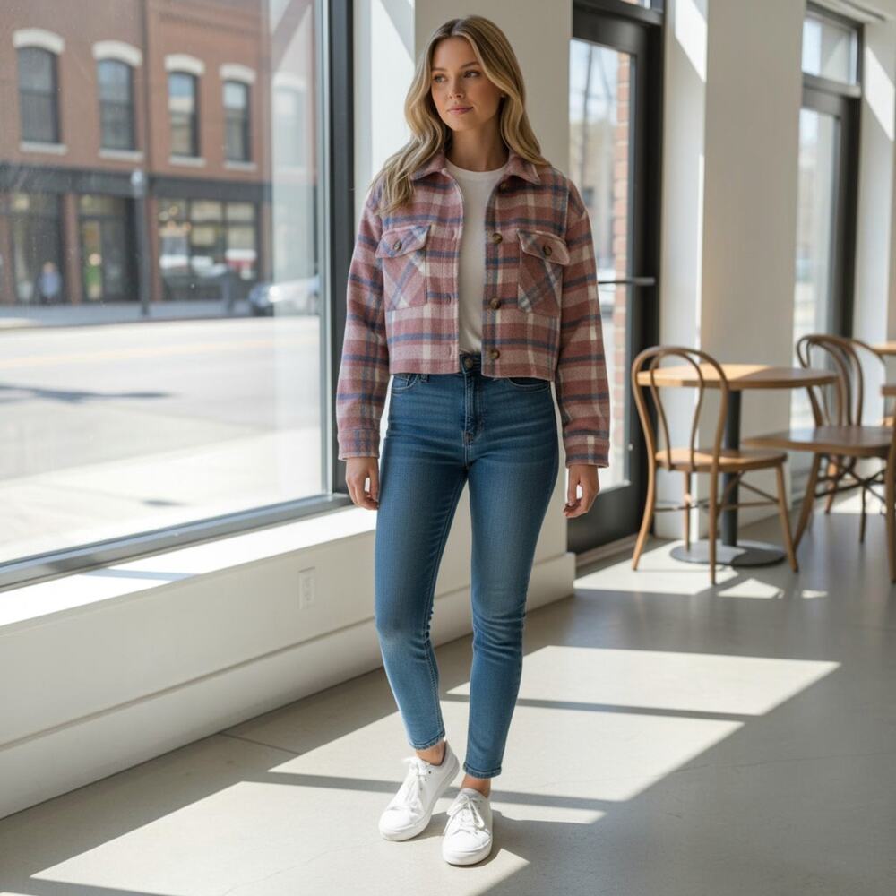 Timing Pink Blue Plaid Cropped Shacket Womens Jacket Button Up Pockets S 2-8